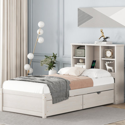 Lit simple moderne avec port et 2 tiroirs pratiques, rangement efficace délavé