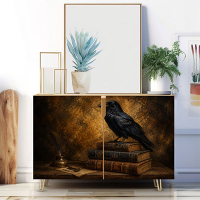 Armoire-buffet étroite de 35,4 po de largeur - armoire de rangement d'appoint à 2 portes avec plume de livres noirs Raven et pieds en métal