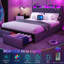 Structure de grand lit avec tête de lit, lit tapissier avec 2 tiroirs de rangement, station de charge USB intégrée et lumières DEL, cadre de lit plateforme avec lattes en métal, gris-809504169
