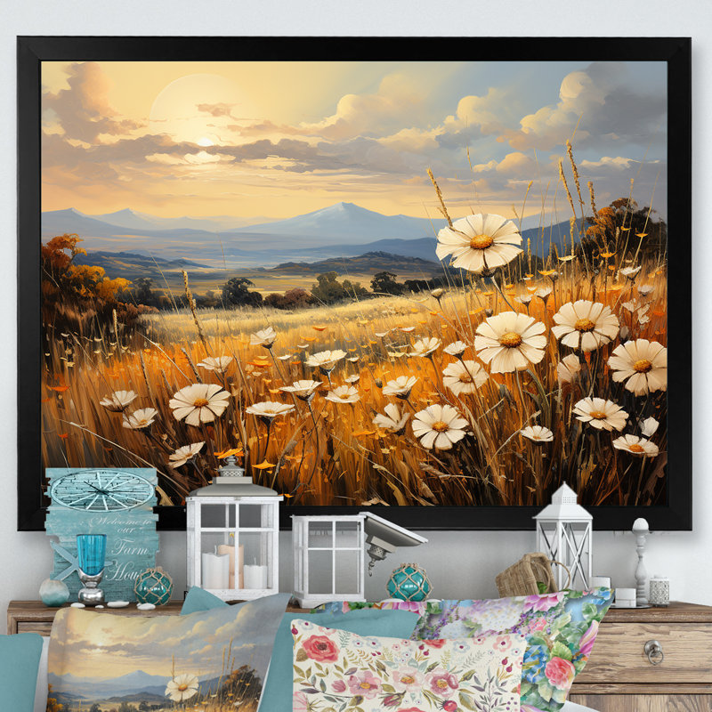 Magnifique champ de fleurs chaudes sur toile, H 16 po x l 32 po x P 1 po, Cadre simple noir