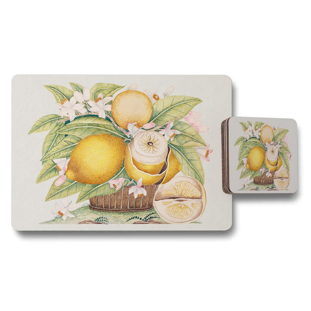 Lemon Basket Placemats And Coasters Set With Citrus Floral Design