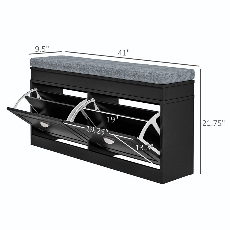 Bouffard Modern Entryway Shoe Storage Bench with Removable Cushion – 2 Flip-Drawer Organizer, Adjustable Shelves, Holds 8 Pairs