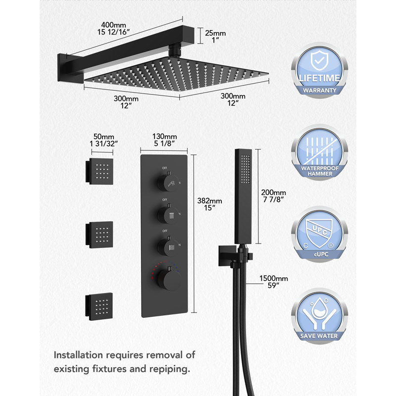 Système de douche thermostatique 12 po avec douche à main et 3 jets pour le corps Relaxajet , Noir mat