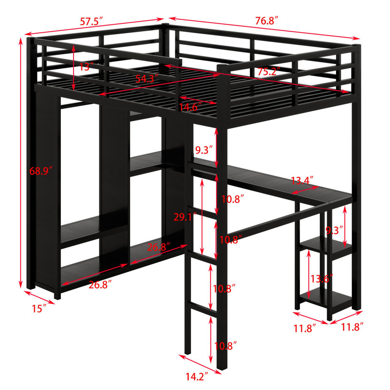 Metal Loft Bed Frame With Built-In Wardrobe, Desk And Storage Shelves, Black, Full