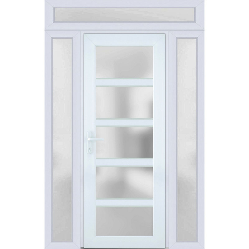Porte d'entrée extérieure prémontée en PVC-U, verre dépoli, Manux 8002 Blanc Soie, 2 fenêtres latérales et supérieures, portes extérieures pour bureaux, commerces et habitations, entrée, patio, garage - L 14+36+14 x H 80+14 - Ouverture à droite vers l'intérieur