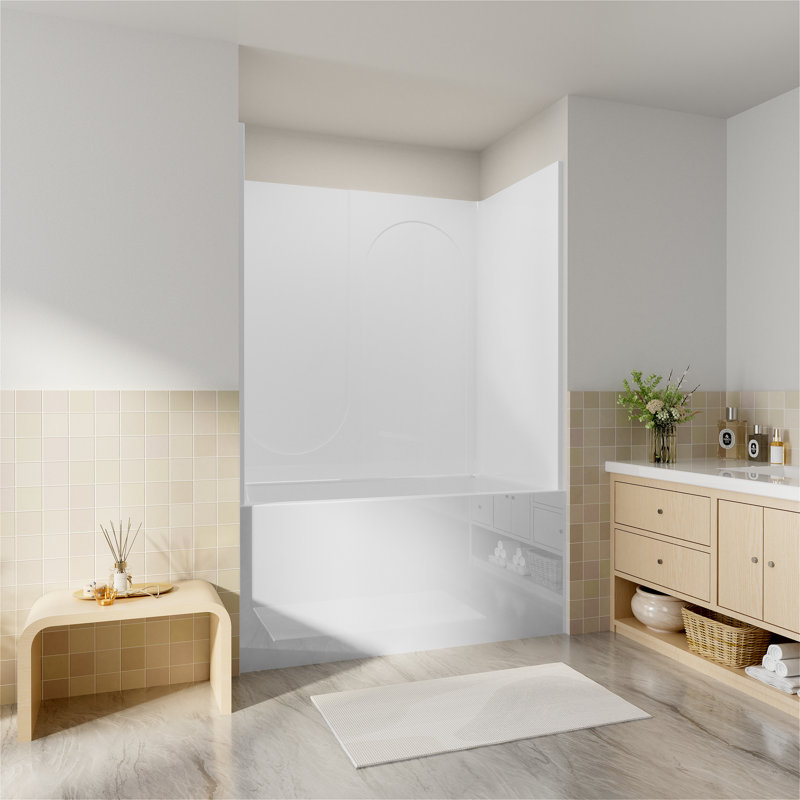 Ensemble de bordure de douche et de baignoire l 60 po x P 32 po x H 60 po, 4 murs de douche en acrylique à surface solide imperméable, installation de remplacement de carrelage sans coulis sur une tuile ou une cloison sèche existante, blanc