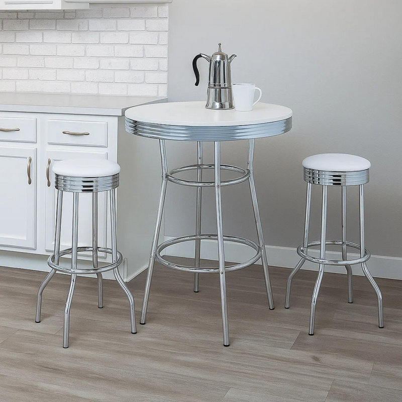 Loy 3 Piece Retro Bar Table Set, Round White Top, 2 Stools, Chrome, White