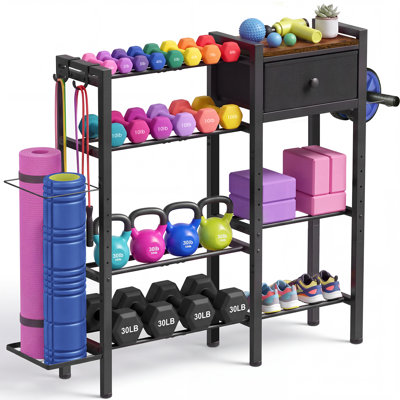 Support réglable pour haltères et organisateur de rangement pour salle de sport à domicile avec tiroir en tissu et porte-tapis de yoga