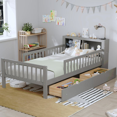 Twin Size Bed With Headboard Storage Rack, Two Under-Bed Drawers, Three-Side Guardrails For Safety And Security