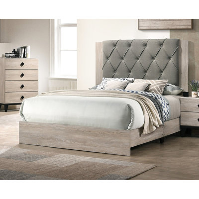 Grand lit avec tête de lit gris, finition crème, lit en bois d'hévéa