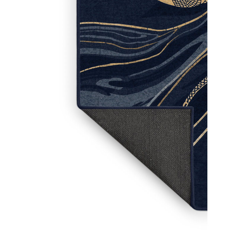 Tapis bleu moelleux doux et moelleux à motif abstrait éclectique Faune Lamia, 7 x 9