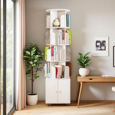 Rotating Bookshelf, 360 Degree Display 5 Tier Corner Bookshelf With Drawer For Small Space, Floor Standing Bookcase Storage Rack, Wood Narrow Book Shelf Organizer For Bedroom
