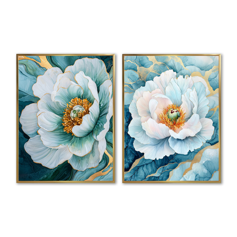 Radiant Symphony of Peony on Emerald I - Floral Wall Decor, Modern Floral, art mural 2 pièces, H 32 po x l 48 po