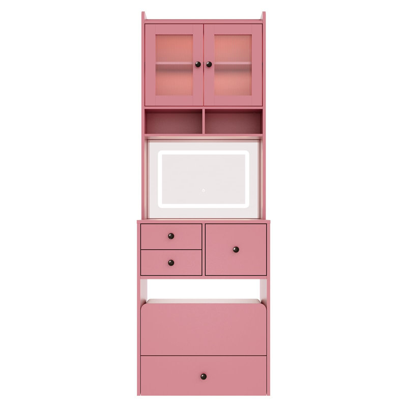 Bureau de coiffeuse avec miroir à DEL et prise de courant, petit ensemble de coiffeuse à maquillage avec 4 tiroirs et armoire, coiffeuse compacte avec fauteuil de rangement rembourré et 3 modes d'éclairage pour la chambre à coucher