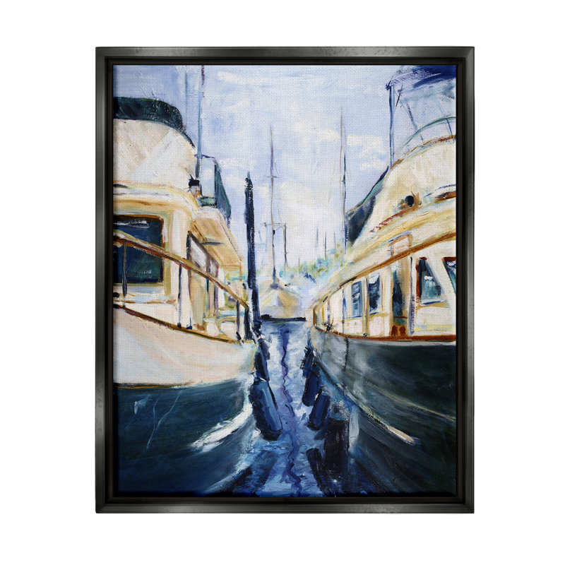 "Breakwater Bay Marine Harbor Docked", art mural encadré par Curt Crain, Cadre flottant noir de jais
