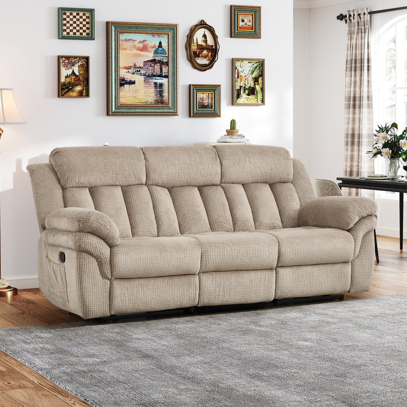 87.4'' Wide Pineapple-Textured Chenille Manual Reclining Sofa With Overstuffed Comfort, Sand
