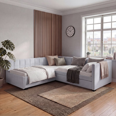 L-shape Upholstered Double Twin Size Daybed with Trundle and Drawer, Gray