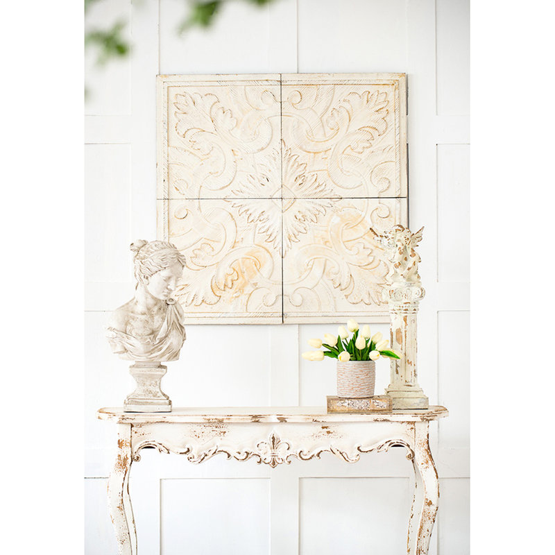 Distressed Wooden Wall Panels 17.5x17.5", 100% Natural Fir Wood, Intricate Feature For Various Interior Styles White-wash Finish, Medallion