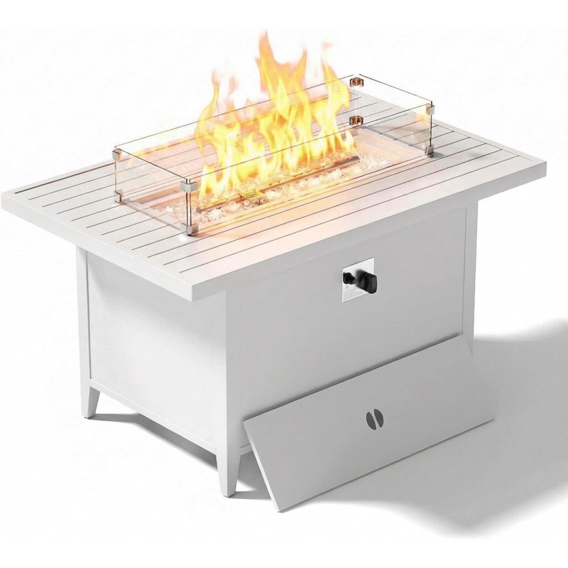 Table de foyer d'extérieur au propane 43 po en aluminium avec pare-vent et housse, blanc, Blanc