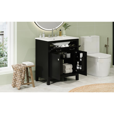 Meuble-lavabo de 30 po avec lavabo en céramique, armoires noires modernes, 2 portes et tablette spacieuse pour une conception efficace