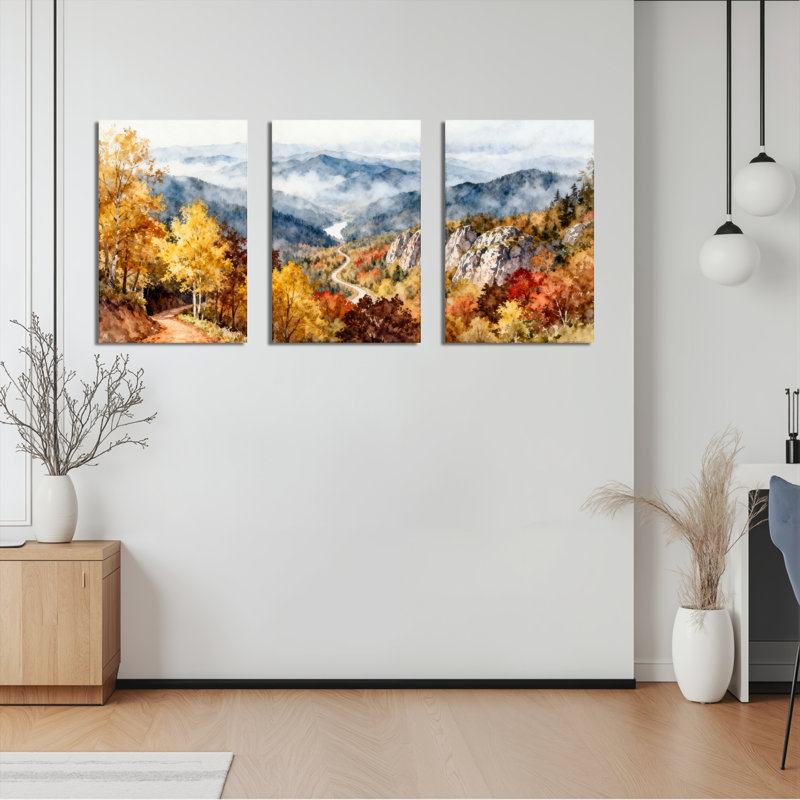 Tableau sur toile représentant un paysage d'automne en forêt et en montagne (lot de 3), H 18 po x l 36 po