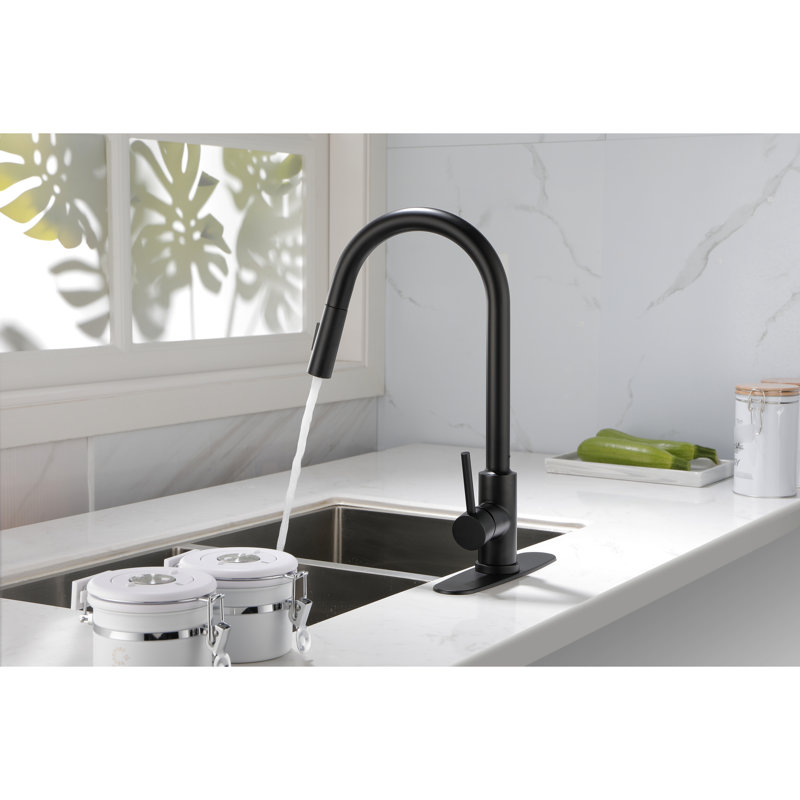 Robinet de cuisine noir mat avec tête de pulvérisation rétractable - Acier inoxydable, buse rotative à 360 °, surface de corrosion et de rouille, poignée simple pour une régulation pratique de la température du débit d'eau