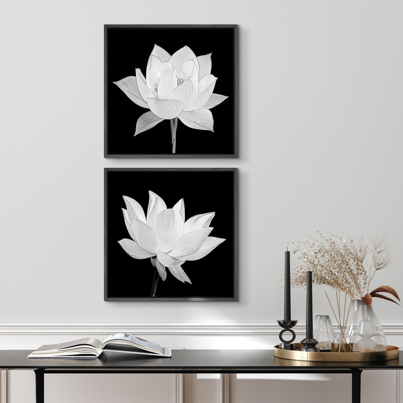 "Fleur de lotus monochromatique, art moderne nordique" 2 pièces, H 16 po x l 16 po, Cadre flottant noir