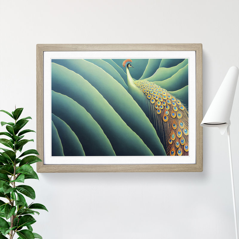 Bedazzling Peacock - Single Picture Frame Print, 46cm H x 64cm W x 2cm D, Oak Framed