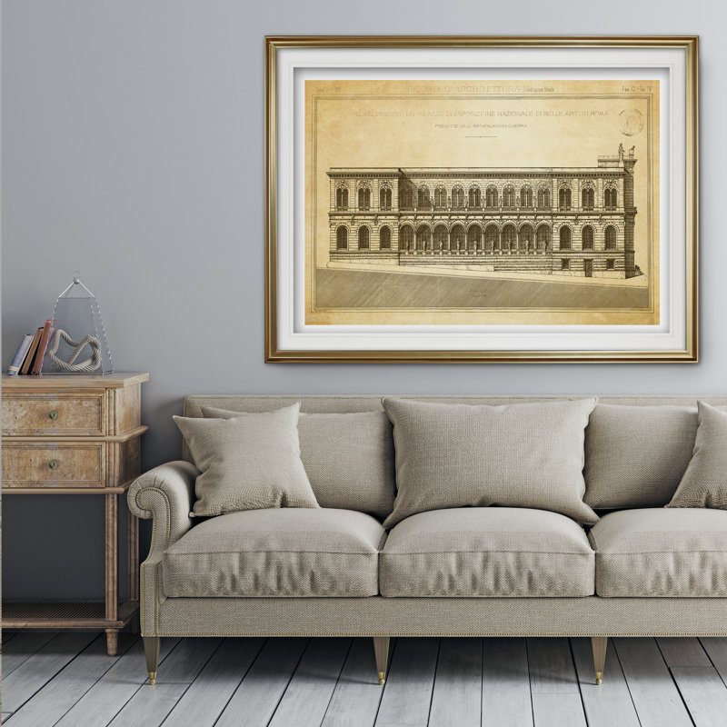 « rétro italien architecture stencil v », impression, H 18 po x l 27 po x P 1,5 po, Cadre doré