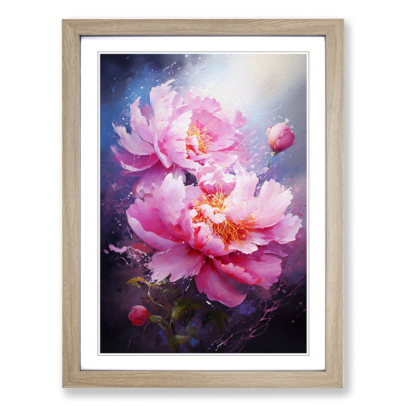 Peony Flower Action Painting - Single Picture Frame Print on Wood, Oak Framed, 34cm H x 25cm W x 2cm D