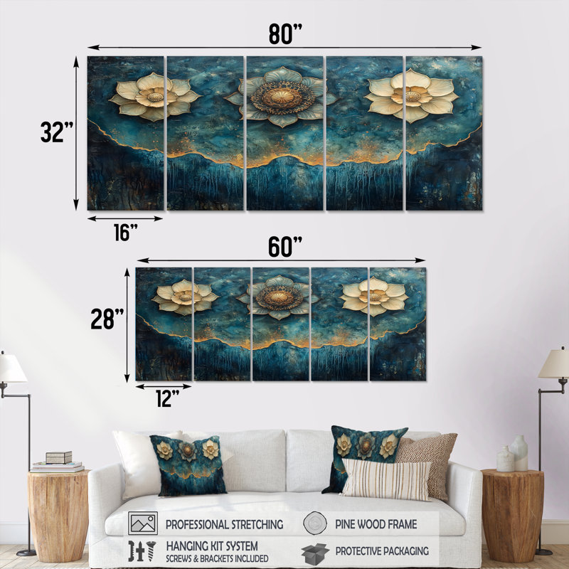 «Blue Mystic Symbols Spiritual Dreams III - Dreams Motivation», ensemble d'art mural, H 32 po x l 80 po