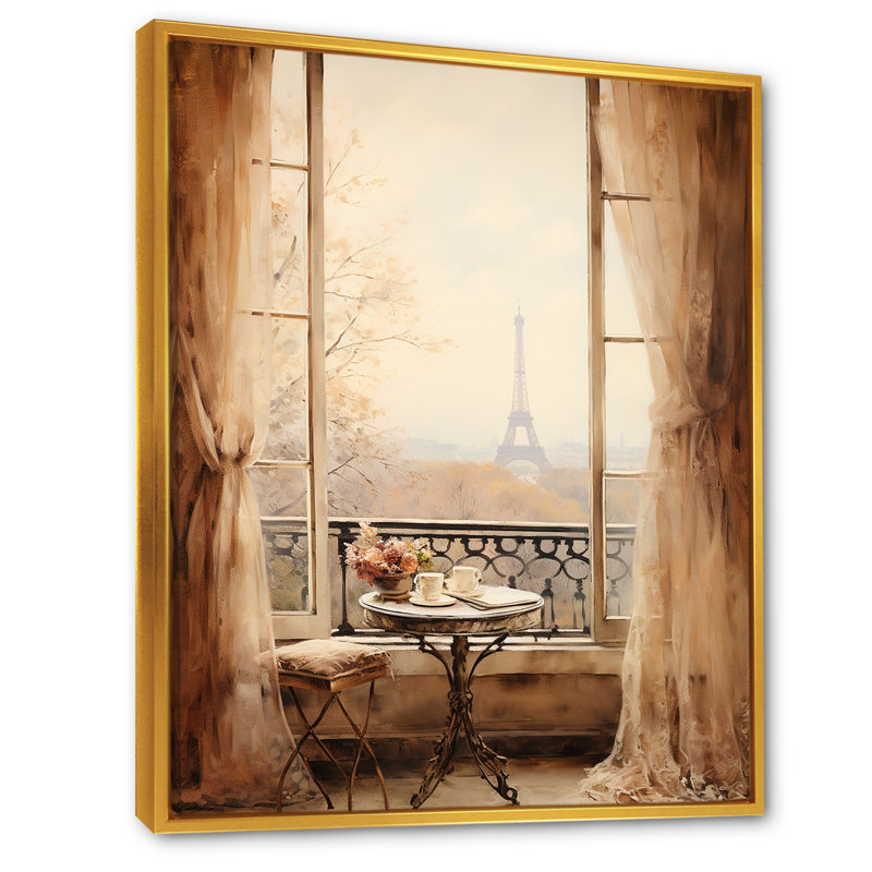 «Rustic Eiffel Tower Paris Window View II - City Paris», art mural, H 20 po x l 12 po x P 1 po, Cadre flottant doré