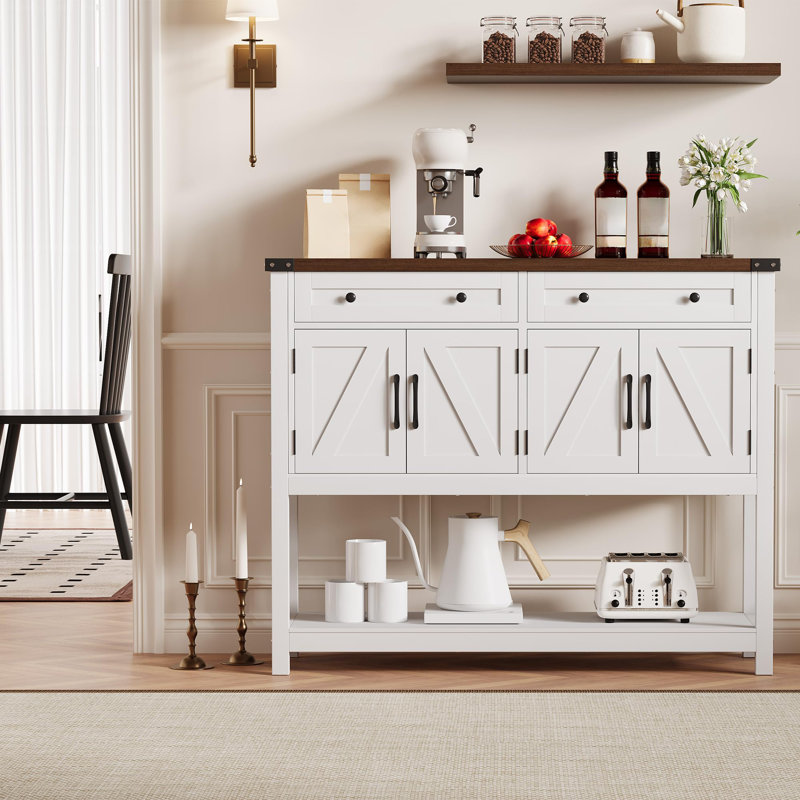 47.2" Buffet Sideboard Cabinet, Modern Farmhouse Coffee Bar with 2 Drawers, 4 Barn Doors, Wooden Storage Cabinet, White