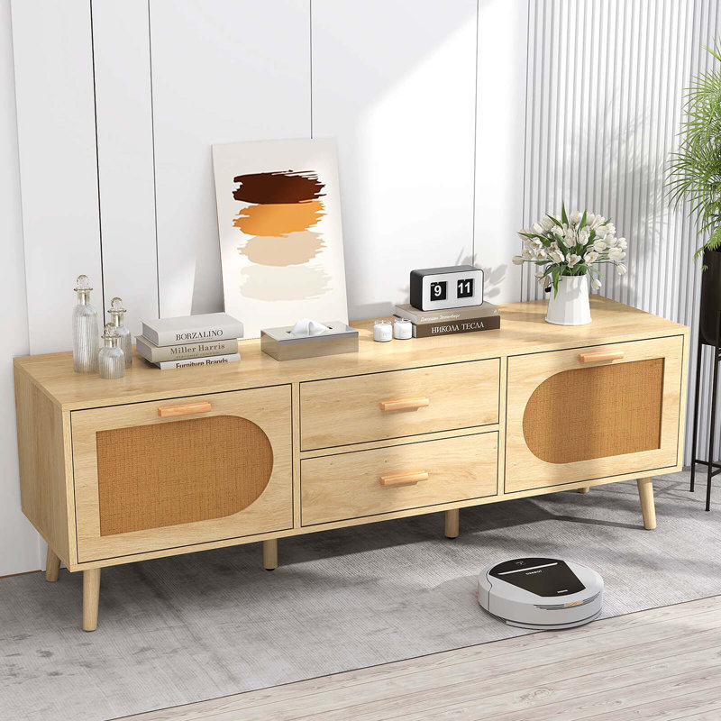 Rattan Tv Stand For 65-inch Tv 59" Tv Console Cabinet Boho Entertainment Center
