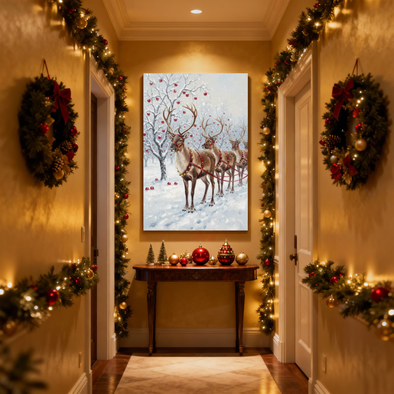 Renne de Noël tirant un traîneau dans la forêt enneigée, ensemble de 3 impressions sur toile, H 18 po x l 12 po