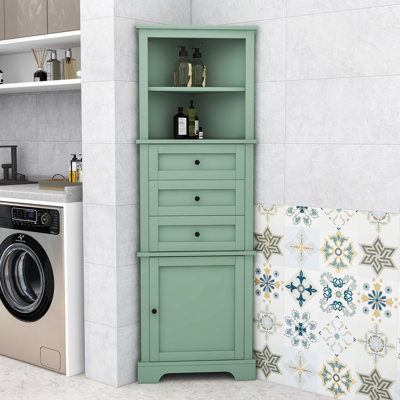 Armoire de coin de salle de bain triangulaire avec tablettes réglables, tiroirs triangulaires et rangement fermé
