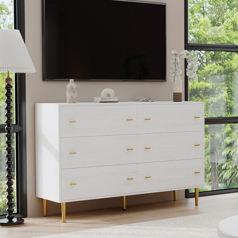 Commode 6 tiroirs, fabrication en bois, l 47,2 po, style maison de campagne pour chambre à coucher et salon, Blanc