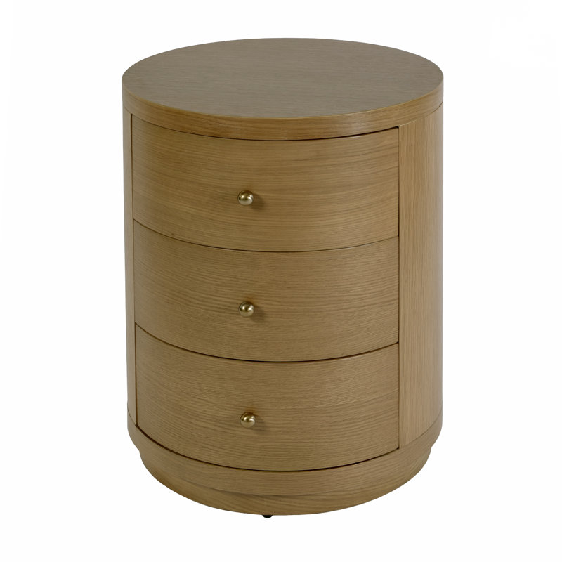 Table de bout ronde à 3 tiroirs en bois de chêne brun naturel Celine, Chêne brun naturel