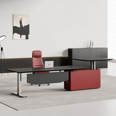 110.24" Modern Minimalist Electric Height-Adjustable Executive Desk with Particleboard Side Cabinet – Business Office Manager Desk