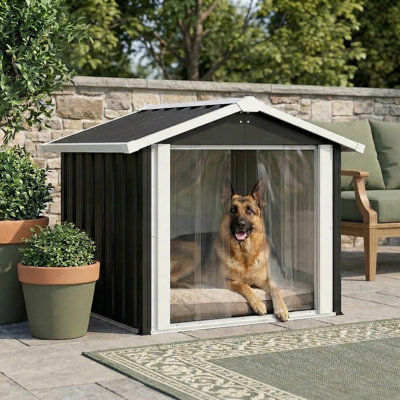 Outdoor Dog House with Storage Shed & PVC Door,  Weatherproof Pet House with Vent for Medium-Large Dogs Garden Backyard