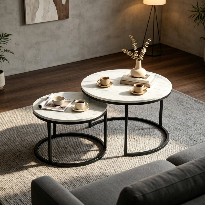 Set of Two Marble-Effect Coffee Tables, Marble White