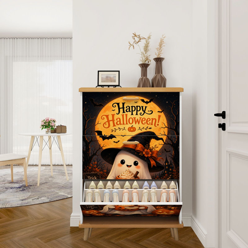 Armoire de rangement pour chaussures avec 3 tiroirs rabattables pour un joli chapeau de sorcière et une lanterne d'Halloween