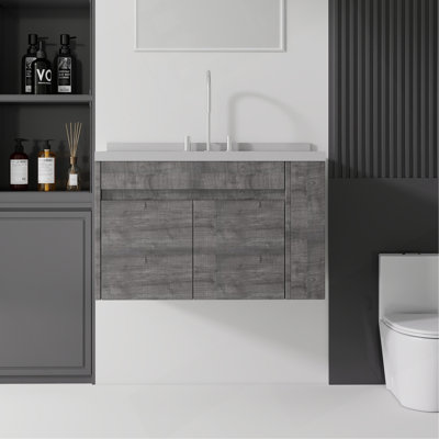 Meuble-lavabo flottant 36 po avec lavabo, porte à fermeture douce, comptoir et dosseret en granite blanc cultivé de 2 po, contreplaqué