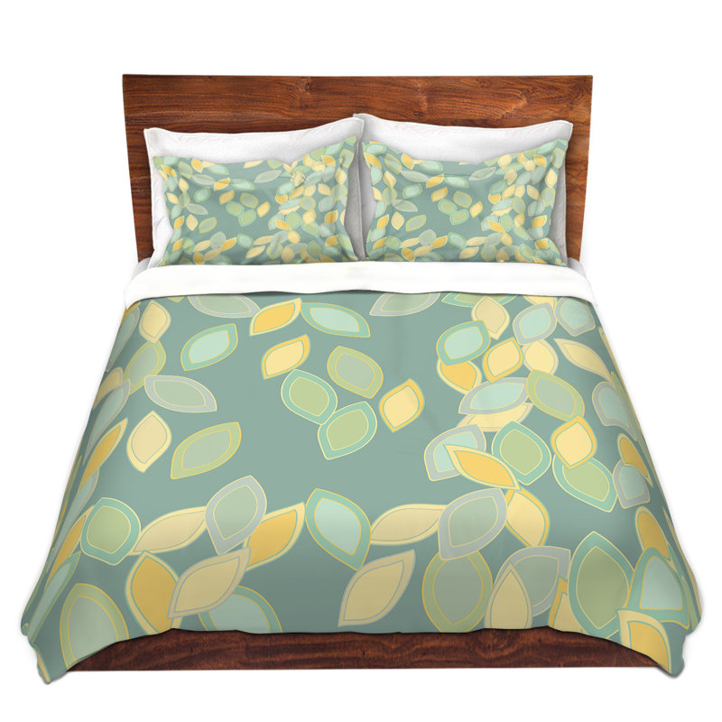 Ensemble de housse de couette feuiles i, 1 housse + 2 taies très grand lit, Vert / Jaune / Crème
