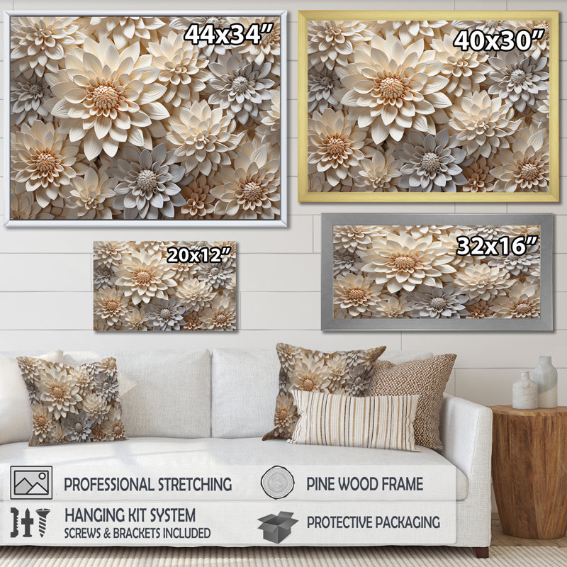 «Pure White Chrysanthemums Magic III - Chrysanthemums Wall Art Living Room», 34" H x 44" W, Toile tendue