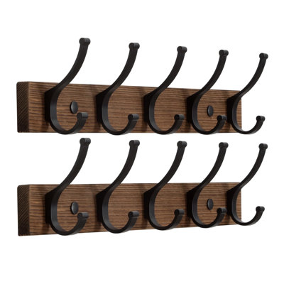Coat Rack Wall Mount, 16.5 Inches Wood Coat Hooks Wall Mount, Wall Coat Rack with 5 Hooks, Hat Rack Wall Hooks for Hanging Coat, Bag, Towel (2Pack, Br