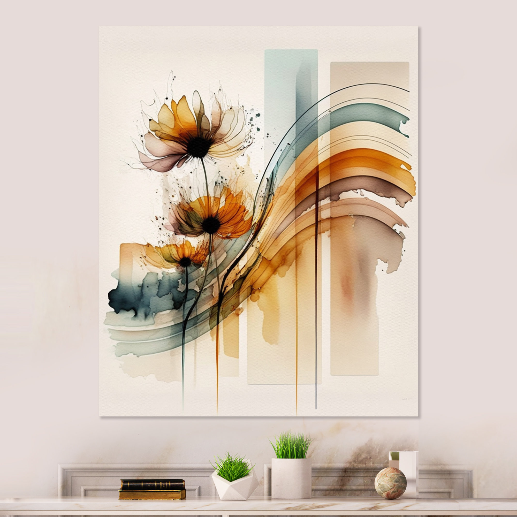 Pussy Willow Ikebana Vases Botanical & Floral Graphic Art Metallic Gold  Framed Art Print Wall Art 