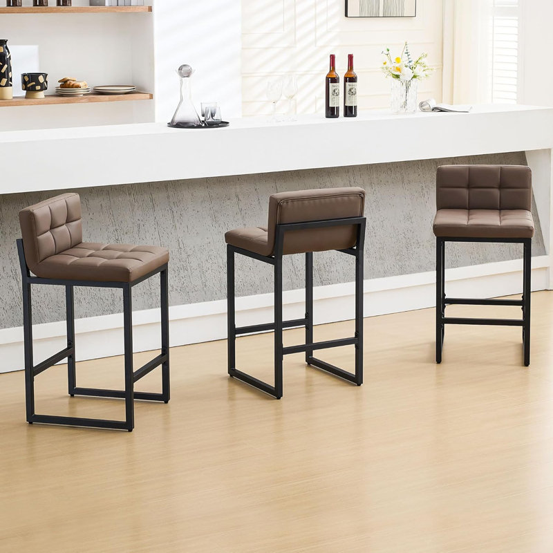 Tabouret de comptoir rembourré à dossier bas avec structure en métal épaissie pour îlot de cuisine, Brun, 3