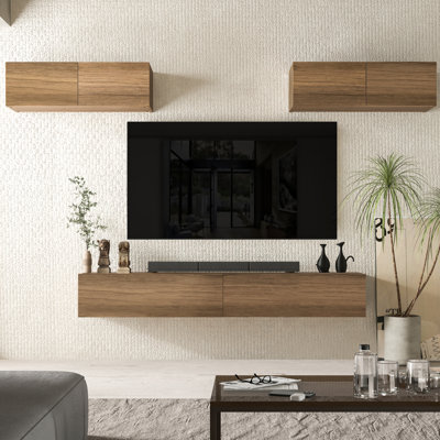 4-Piece Wall Mounted Floating Entertainment Center In Walnut – Tv Console With Staggered Upper Wall Cabinets, Modern Media Storage