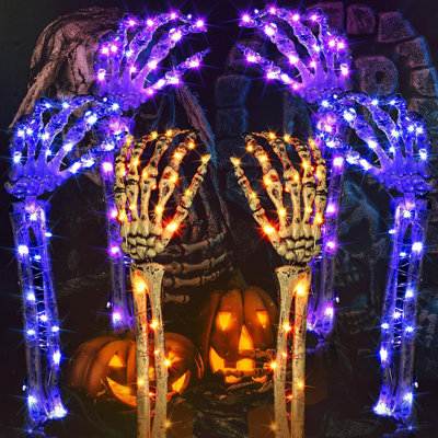 6 Pack Halloween Decorations Orange Purple Blue Lighted Skeleton Hands Arms Stakes With 48 LED Lights Waterproof Battery Operated Timer For Indoor Outdoor Home Lawn Yard Garden Party Ornament